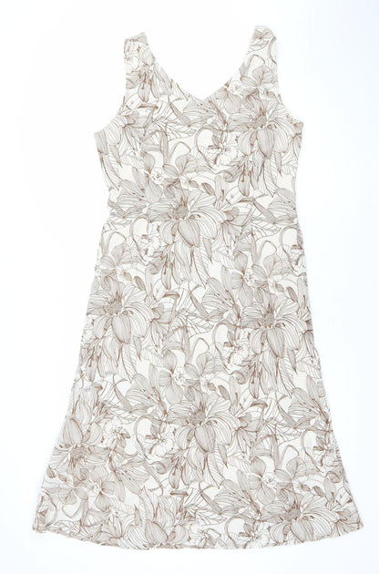 Austin Reed Women Beige Floral Linen Shift Dress Size 14 V-Neck Sleeveless