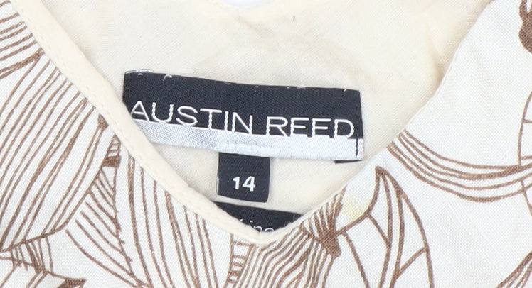 Austin Reed Women Beige Floral Linen Shift Dress Size 14 V-Neck Sleeveless