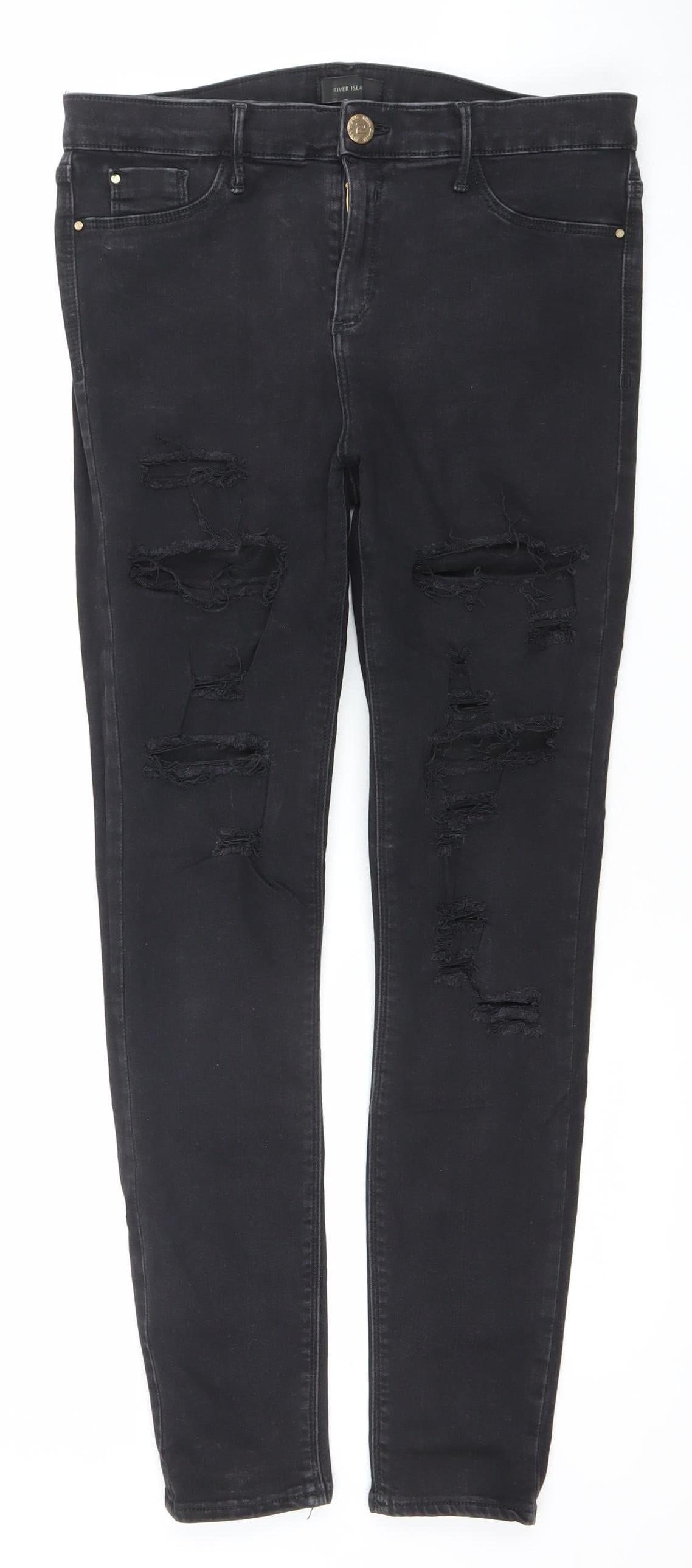 River Island Womens Black Distressed Skinny Jeans Size 14