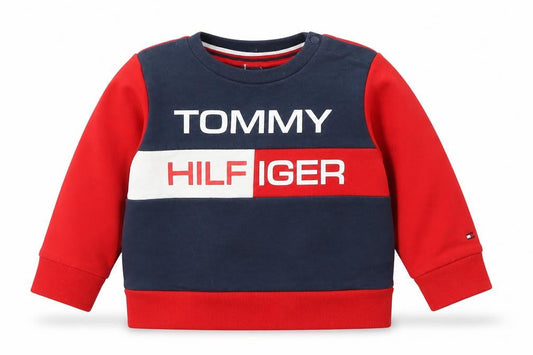 Front view of Tommy Hilfiger unisex baby red colourblock logo long sleeve t-shirt 12 months