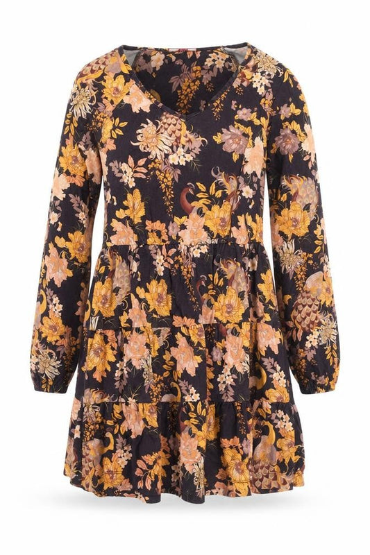 Front view of Joe Browns women’s black floral mini skater dress, size UK 8