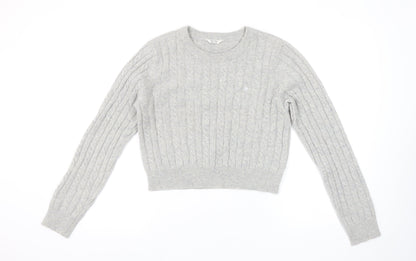 Jack Wills Women Grey Cable-Knit Jumper UK 14 Merino Wool Blend Crew Neck