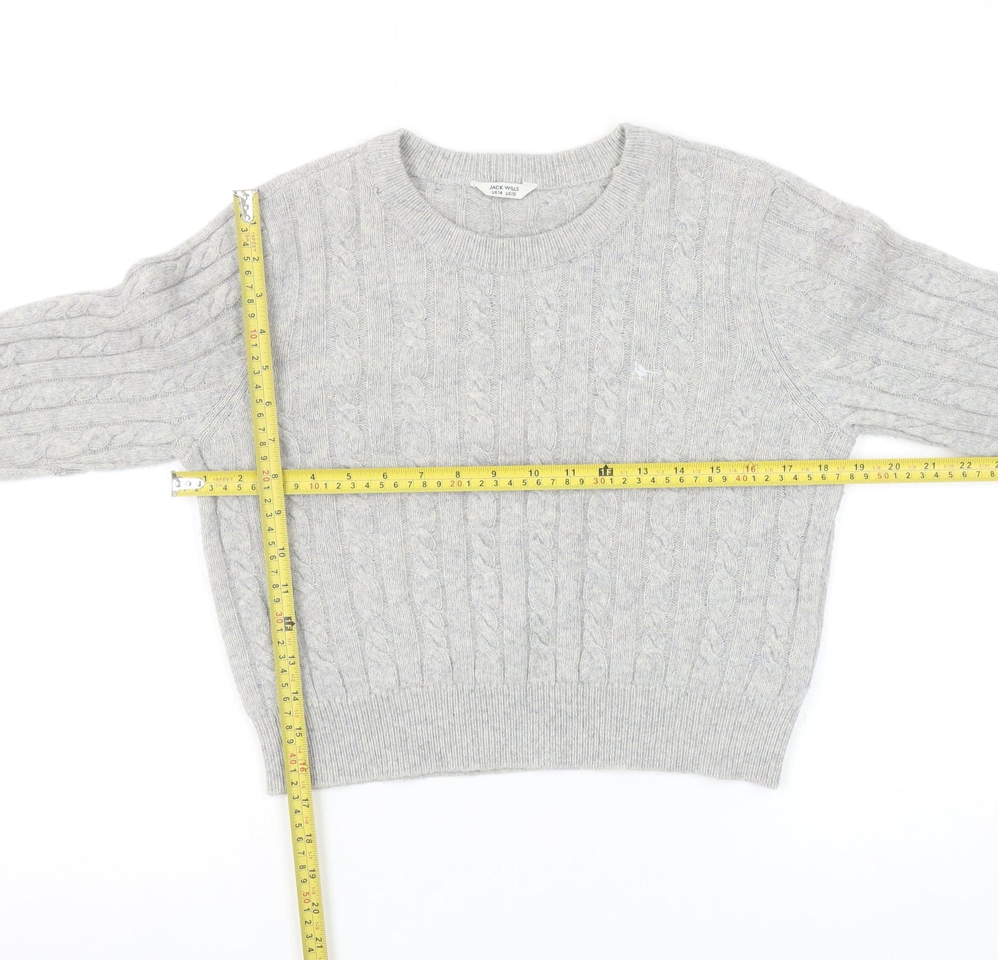 Jack Wills Women Grey Cable-Knit Jumper UK 14 Merino Wool Blend Crew Neck