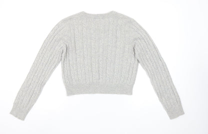 Jack Wills Women Grey Cable-Knit Jumper UK 14 Merino Wool Blend Crew Neck