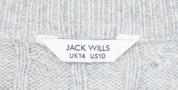 Jack Wills Women Grey Cable-Knit Jumper UK 14 Merino Wool Blend Crew Neck