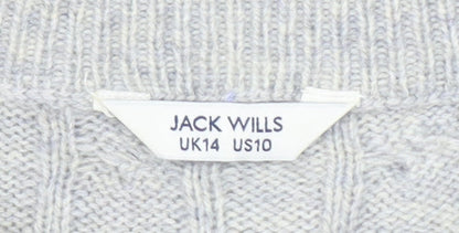 Jack Wills Women Grey Cable-Knit Jumper UK 14 Merino Wool Blend Crew Neck
