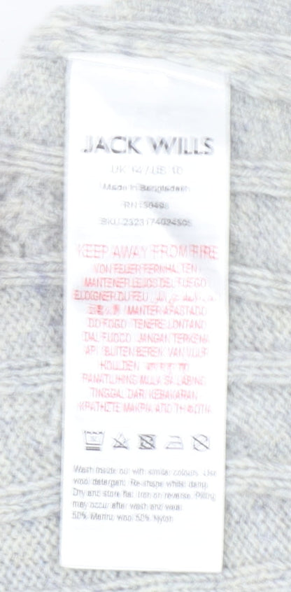 Jack Wills Women Grey Cable-Knit Jumper UK 14 Merino Wool Blend Crew Neck