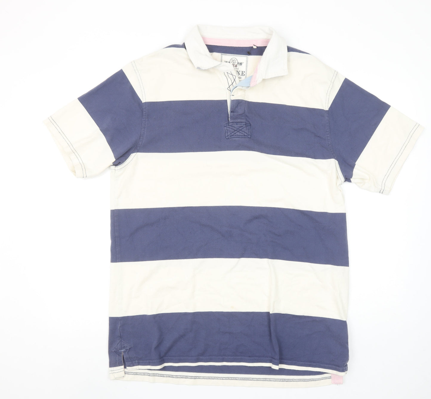 Maine New England Men’s Blue White Striped Polo Shirt Size L Cotton