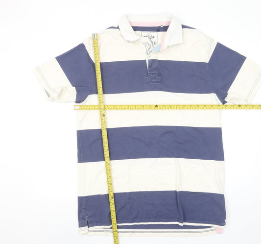 Maine New England Men’s Blue White Striped Polo Shirt Size L Cotton