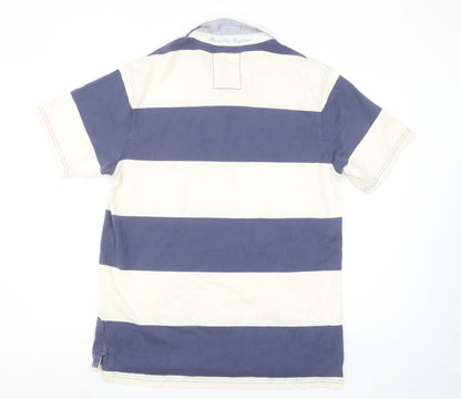 Maine New England Men’s Blue White Striped Polo Shirt Size L Cotton