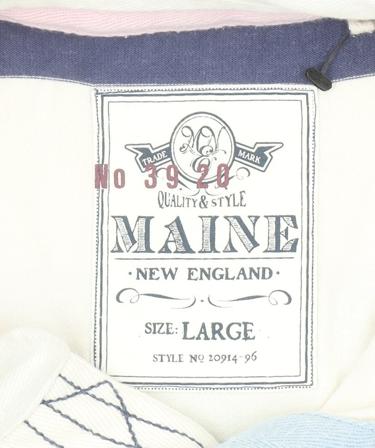 Maine New England Men’s Blue White Striped Polo Shirt Size L Cotton