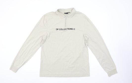 ASOS DESIGN Mens Beige Long Sleeve Collared 1/4 Zip Polo Shirt L