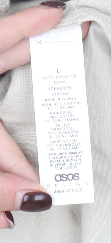 ASOS DESIGN Mens Beige Long Sleeve Collared 1/4 Zip Polo Shirt L