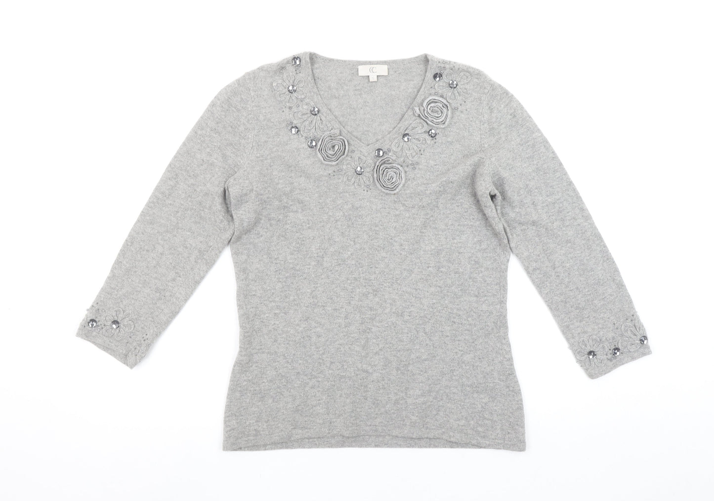 CC Women Grey Angora Cashmere Blend V-Neck Long Sleeve Jumper S