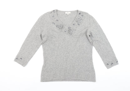 CC Women Grey Angora Cashmere Blend V-Neck Long Sleeve Jumper S