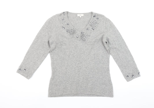 CC Women Grey Angora Cashmere Blend V-Neck Long Sleeve Jumper S