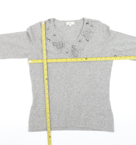 CC Women Grey Angora Cashmere Blend V-Neck Long Sleeve Jumper S