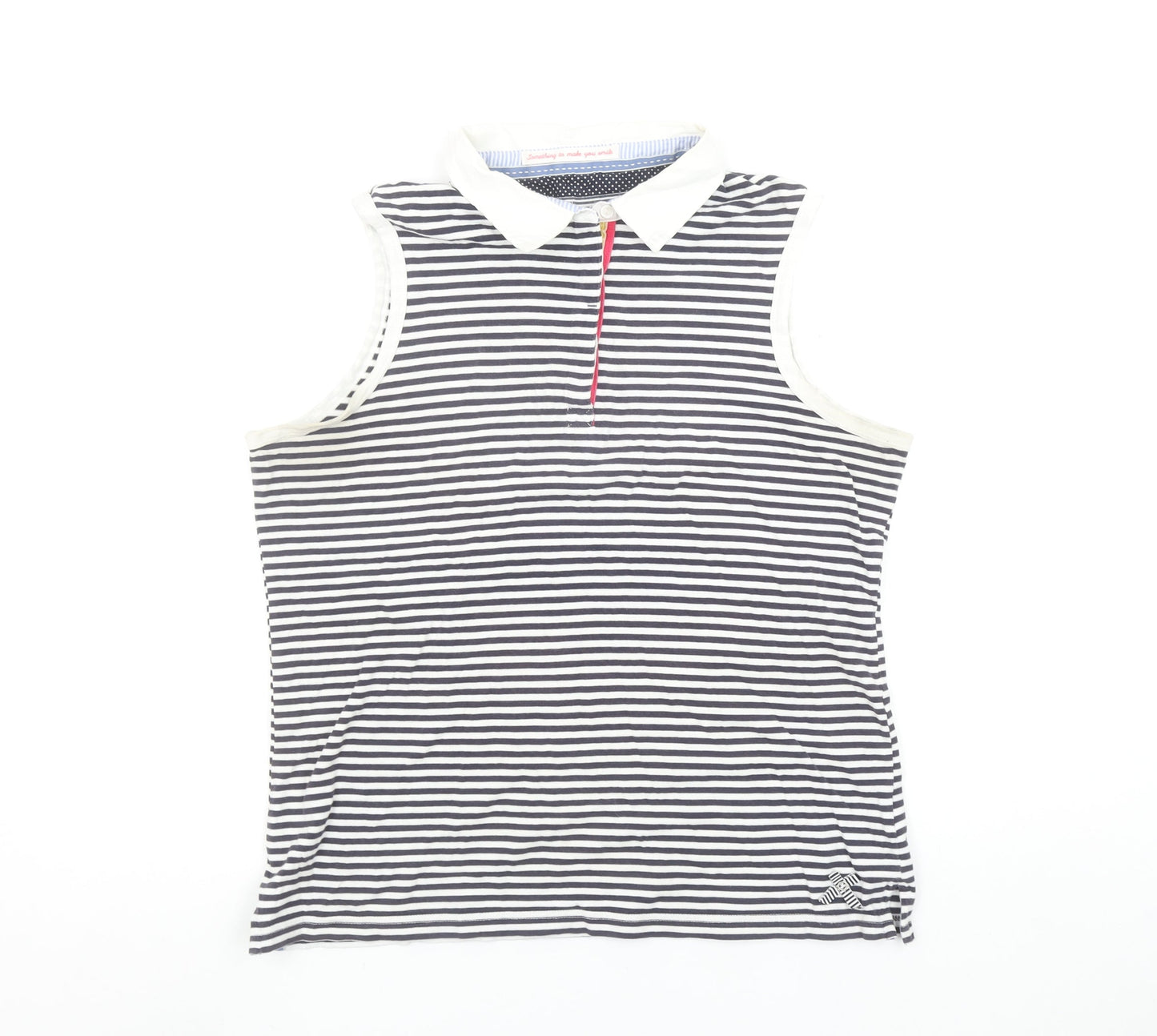 Marks and Spencer Per Una Women's Blue Striped Sleeveless Cotton Polo Top Size 14