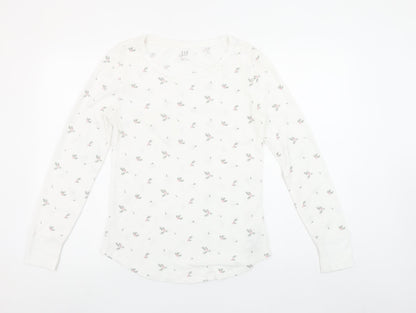 GAP Women's White Floral Long Sleeve Crew Neck Top Size M