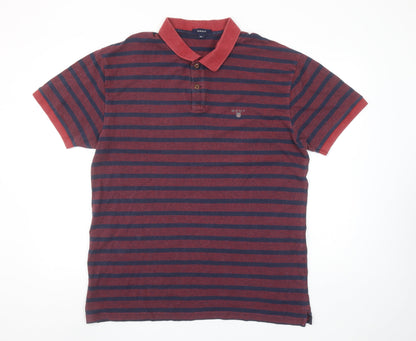 GANT Men's Red and Navy Striped 2XL Cotton Polo Shirt