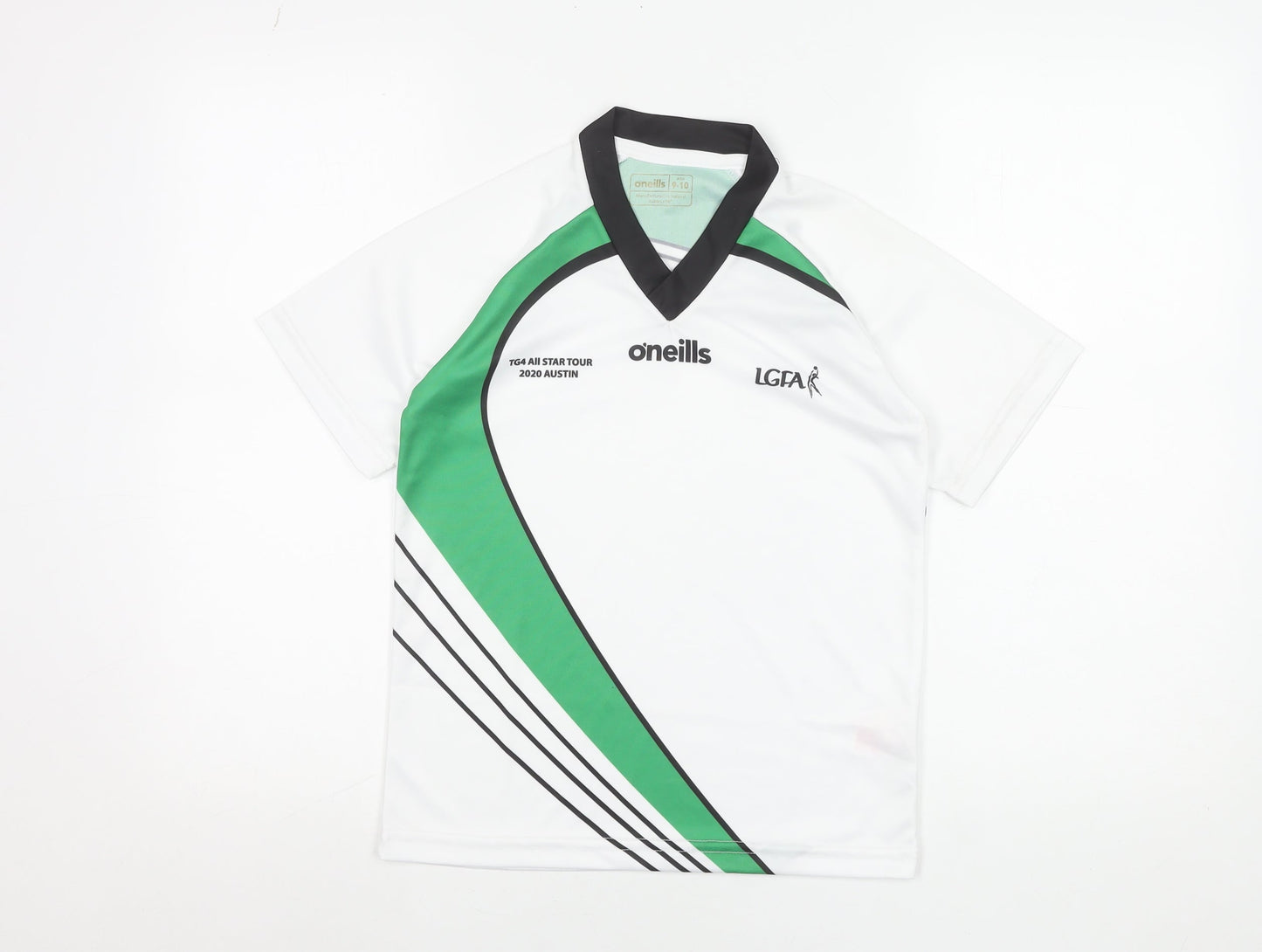 O'Neills Boys White Green LGFA Jersey 9-10 Years V-Neck Sports T-Shirt