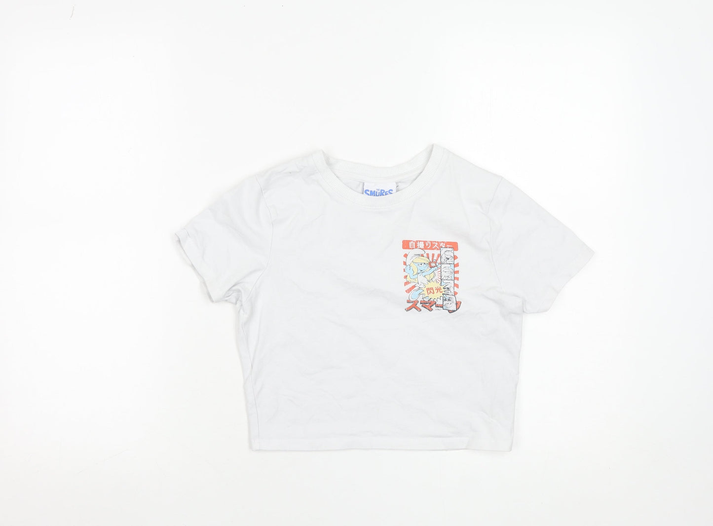 Womens UK Size S The Smurfs White Cropped T-Shirt