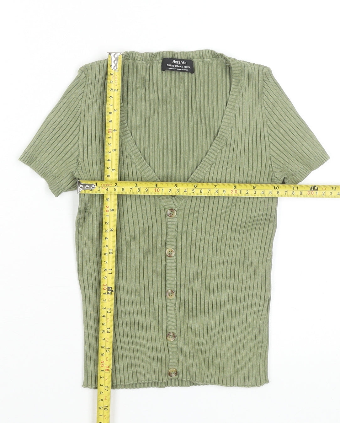 Bershka Women’s Green Ribbed Cropped Button-Up Top XS