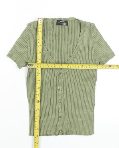 Bershka Women’s Green Ribbed Cropped Button-Up Top XS