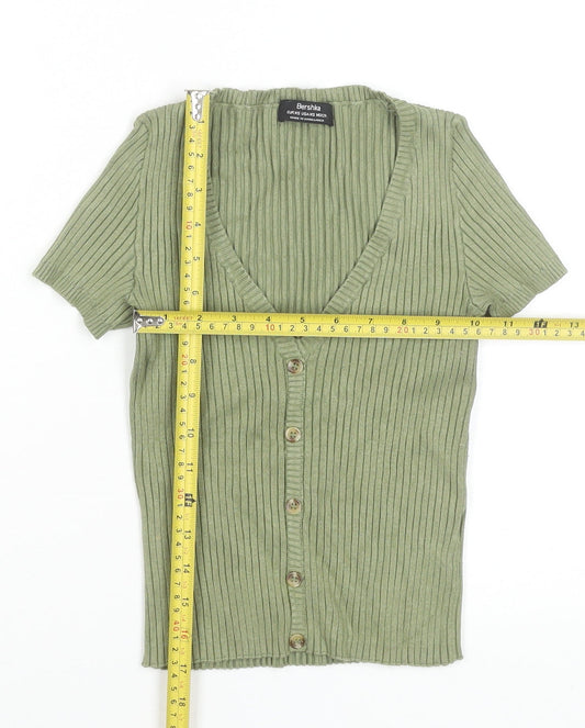 Bershka Women’s Green Ribbed Cropped Button-Up Top XS