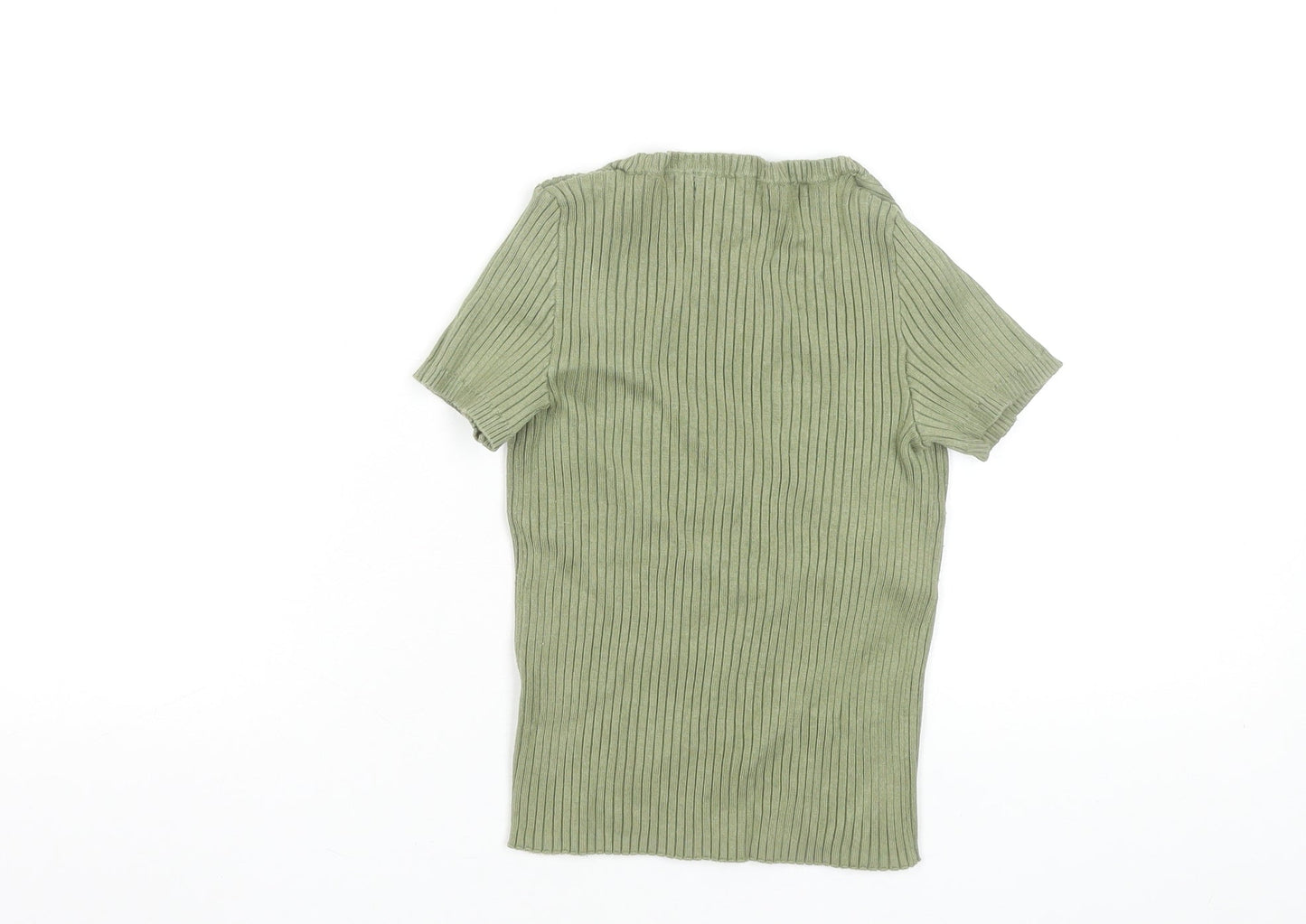 Bershka Women’s Green Ribbed Cropped Button-Up Top XS