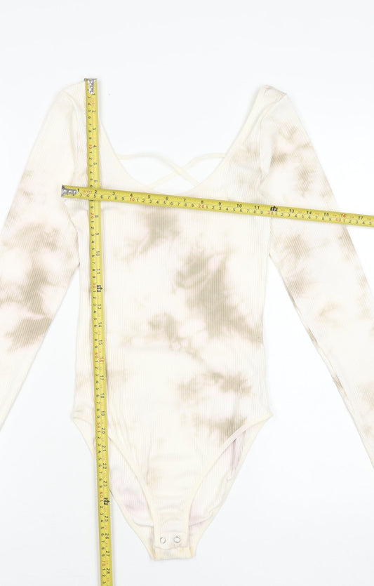 Stradivarius Womens Beige Tie Dye Long Sleeve Bodysuit Size 12