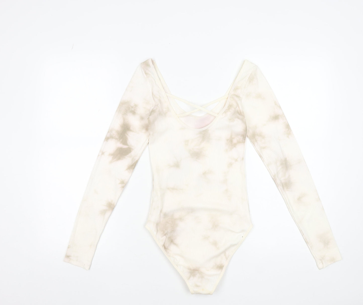 Stradivarius Womens Beige Tie Dye Long Sleeve Bodysuit Size 12