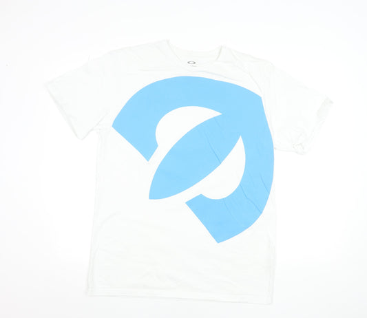 Oakley Men’s White Blue Graphic Regular Fit Cotton T-Shirt Size L