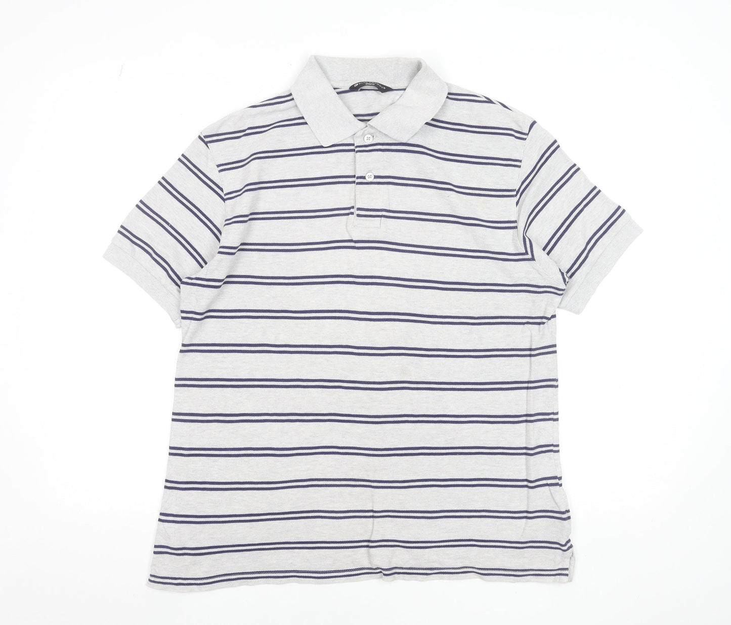 Marks and Spencer Men's Grey Striped Cotton Polo Shirt Medium