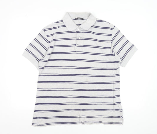 Marks and Spencer Men's Grey Striped Cotton Polo Shirt Medium