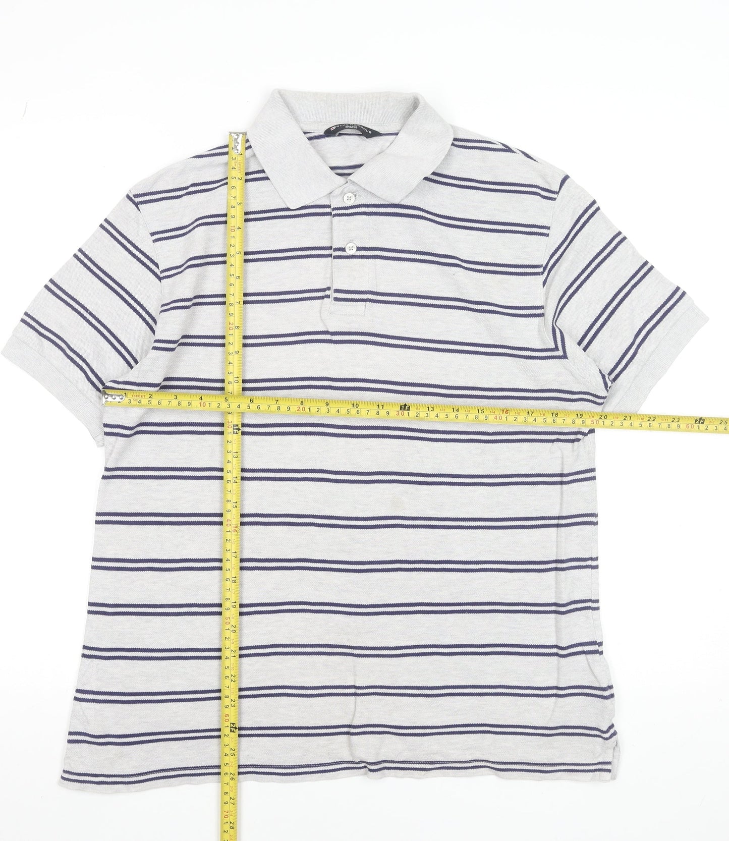 Marks and Spencer Men's Grey Striped Cotton Polo Shirt Medium