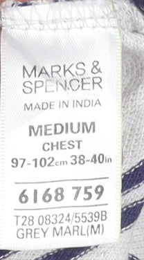 Marks and Spencer Men's Grey Striped Cotton Polo Shirt Medium