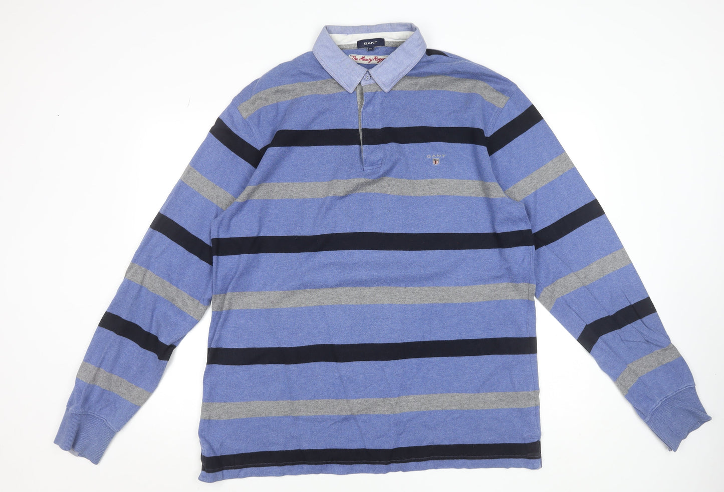 GANT Men's Blue Striped Collared Long Sleeve Cotton Jumper 3XL