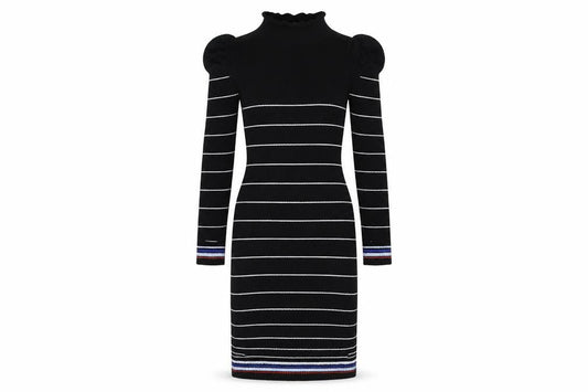 Front view of Miss Selfridge Women’s Black Striped Knit Bodycon Dress UK 12