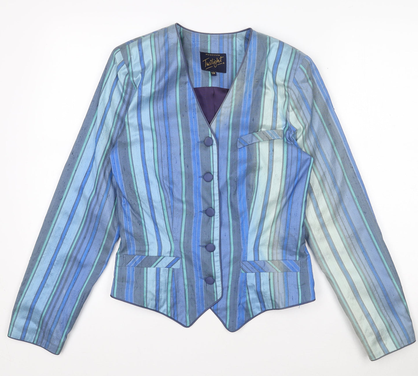 Monsoon Twilight Blue Striped Silk Suit Jacket Women’s Size 12
