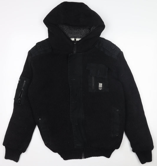 Crosshatch Men’s Black Hooded Full Zip Chunky Knit Jumper XL