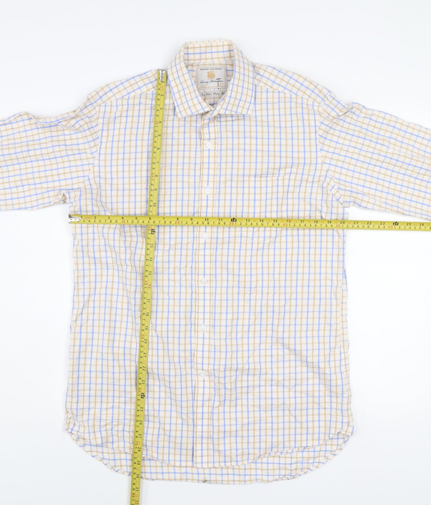 Brook Taverner Men's Beige Blue Check Classic Fit Cotton Shirt 15.5in