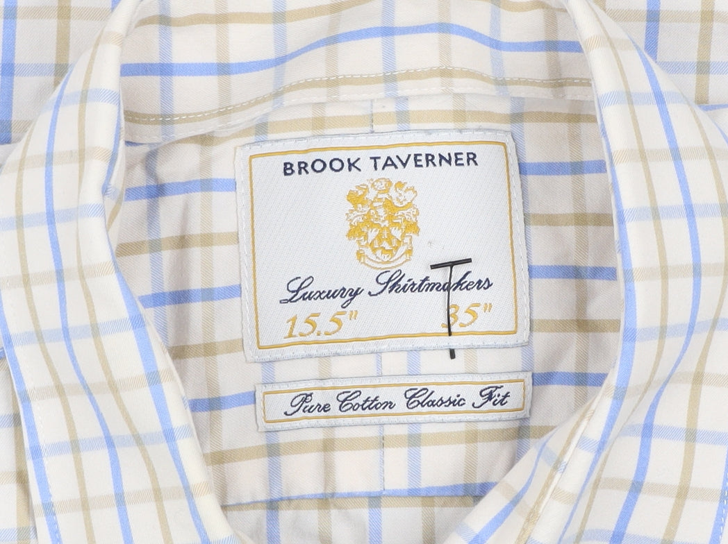 Brook Taverner Men's Beige Blue Check Classic Fit Cotton Shirt 15.5in
