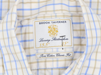 Brook Taverner Men's Beige Blue Check Classic Fit Cotton Shirt 15.5in