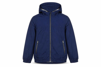 Front view of Gap Kids boys’ blue hooded windbreaker jacket 8-9 years regular fit