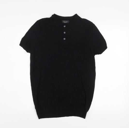 Zara Man Black Cotton Slim Fit Men's Polo Shirt Size S