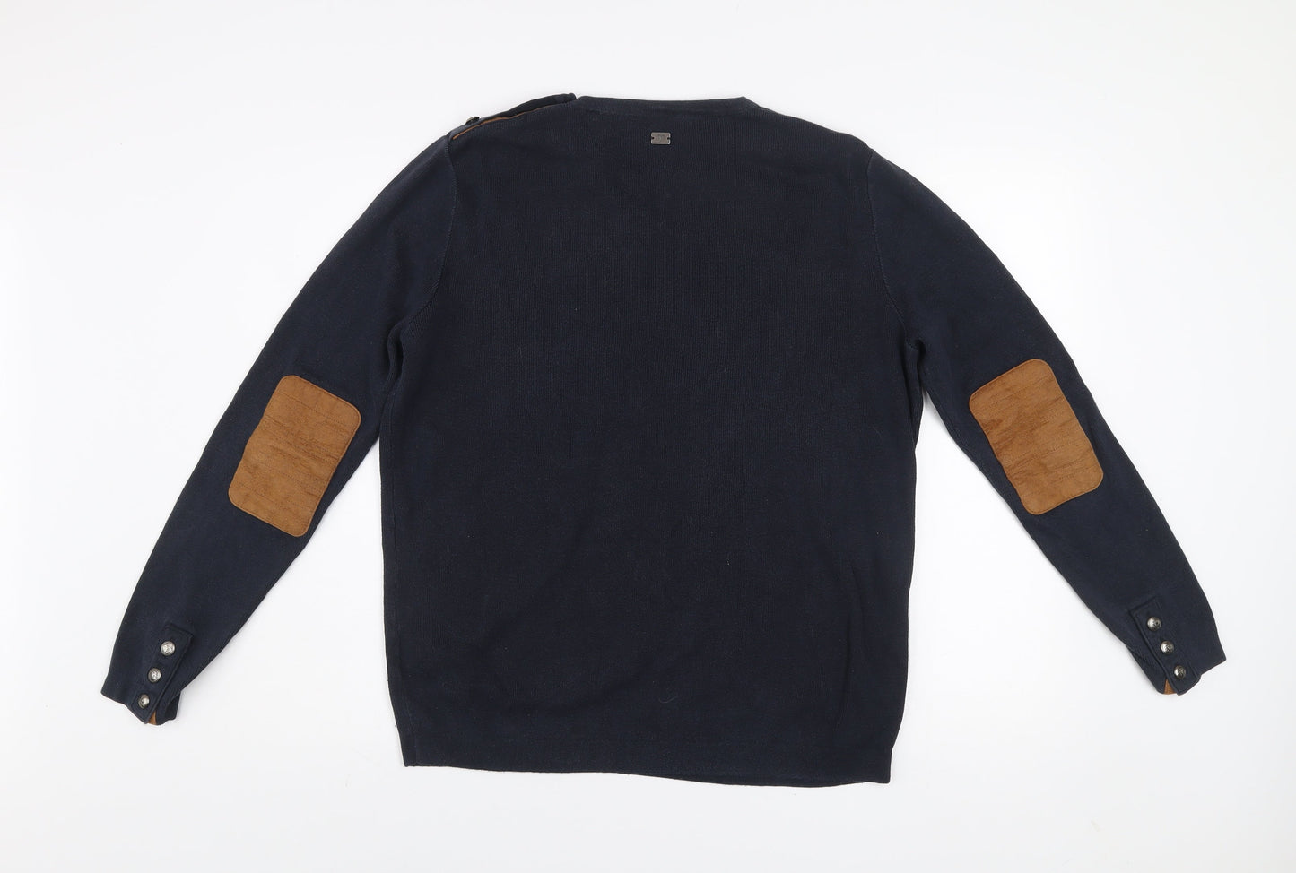 Izac Men's Blue Cotton Crew Neck Jumper L with Elbow Patches