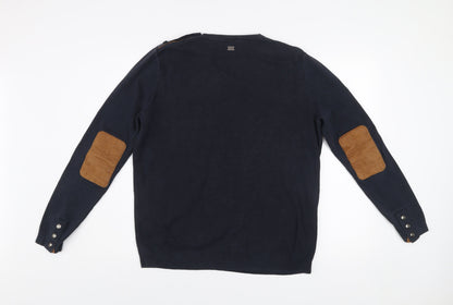 Izac Men's Blue Cotton Crew Neck Jumper L with Elbow Patches