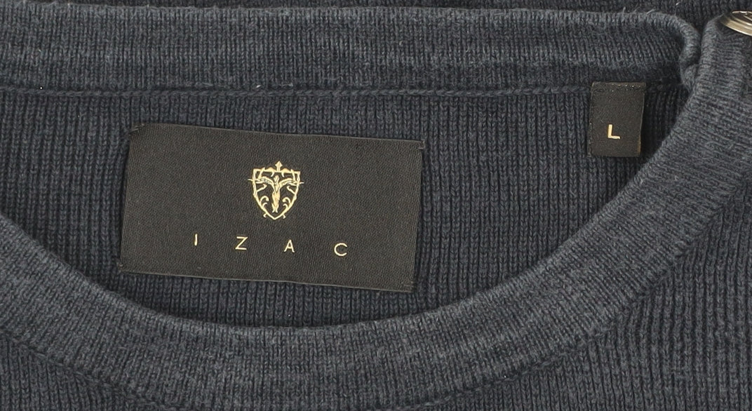 Izac Men's Blue Cotton Crew Neck Jumper L with Elbow Patches