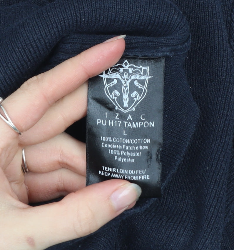 Izac Men's Blue Cotton Crew Neck Jumper L with Elbow Patches